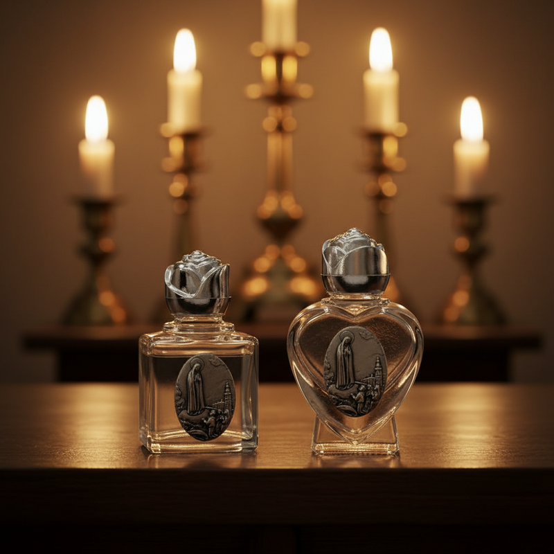 Two glass perfume bottles with silver tops on a wooden surface, with candles in the background.
