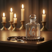 Holy Water Our Lady of Fatima bottle on a wooden surface with lit candles in the background