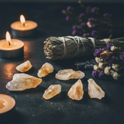 Seven raw, rough citrine points  arranged on a clean white background with soft drop shadows.