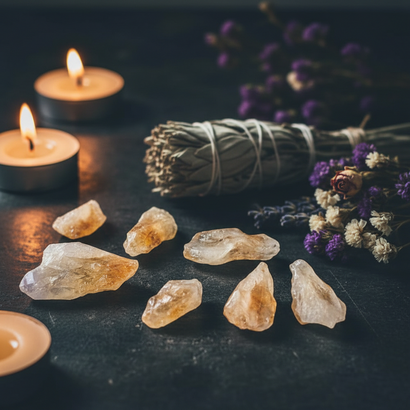 Seven raw, rough citrine points  arranged on a clean white background with soft drop shadows.