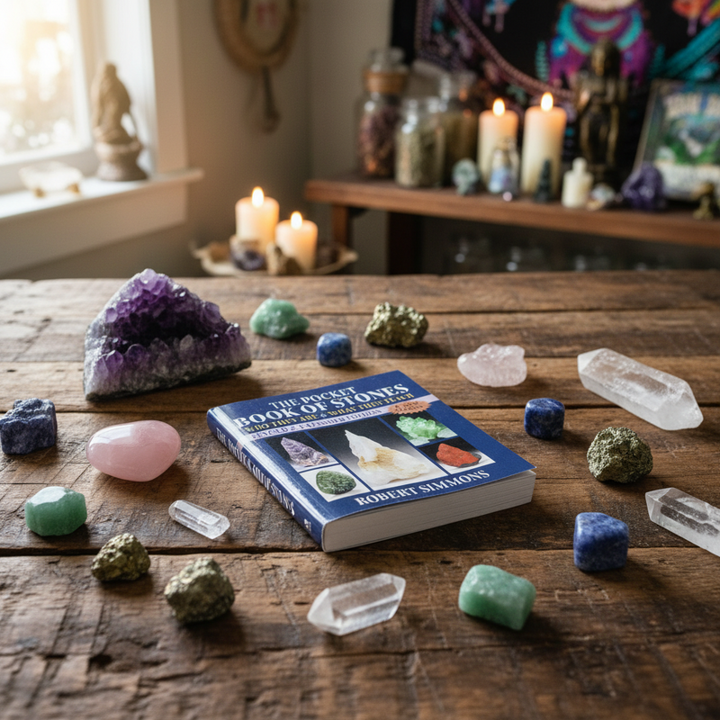 Book of Stones on a wooden table with crystals and candles in a mystical setting
