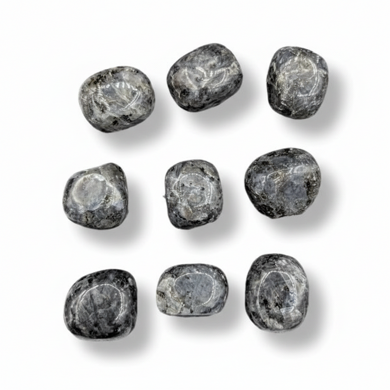 Larvikite tumbled on a white baclkround