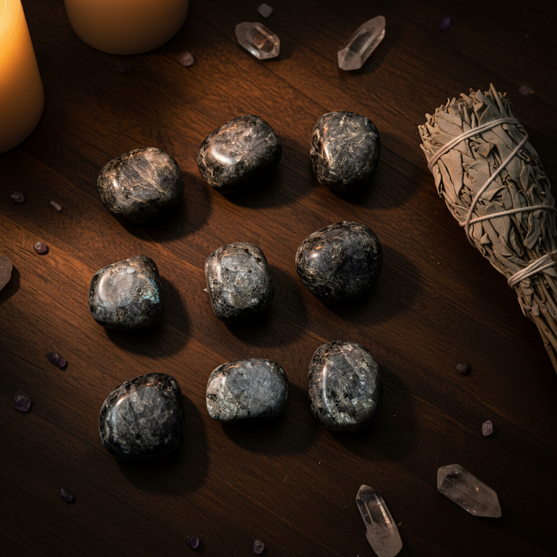 Set of stones on a wooden surface with a bundle of sage.