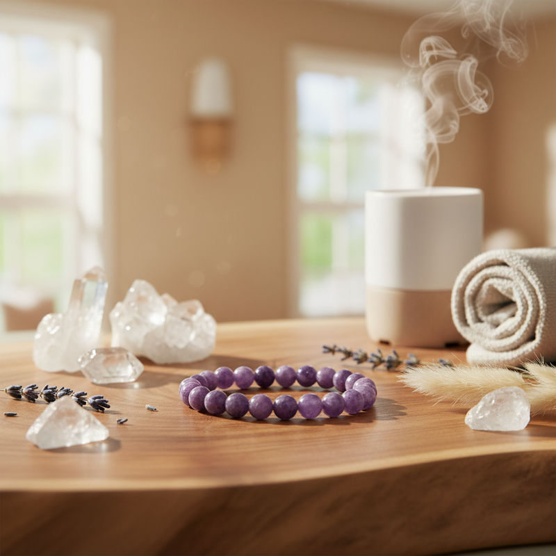 A purple beaded bracelet made of smooth round stones sits on a wooden table, styled with clear crystal clusters, dried herbs, a rolled cream towel, and a white diffuser with visible steam in a softly blurred warm-toned room.