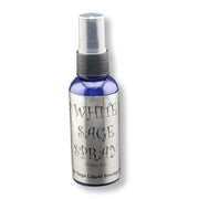A small spray bottle of White Sage Liquid Smudge Oil with a blue glass body, a silver label, and a black spray nozzle, set against a plain white background.