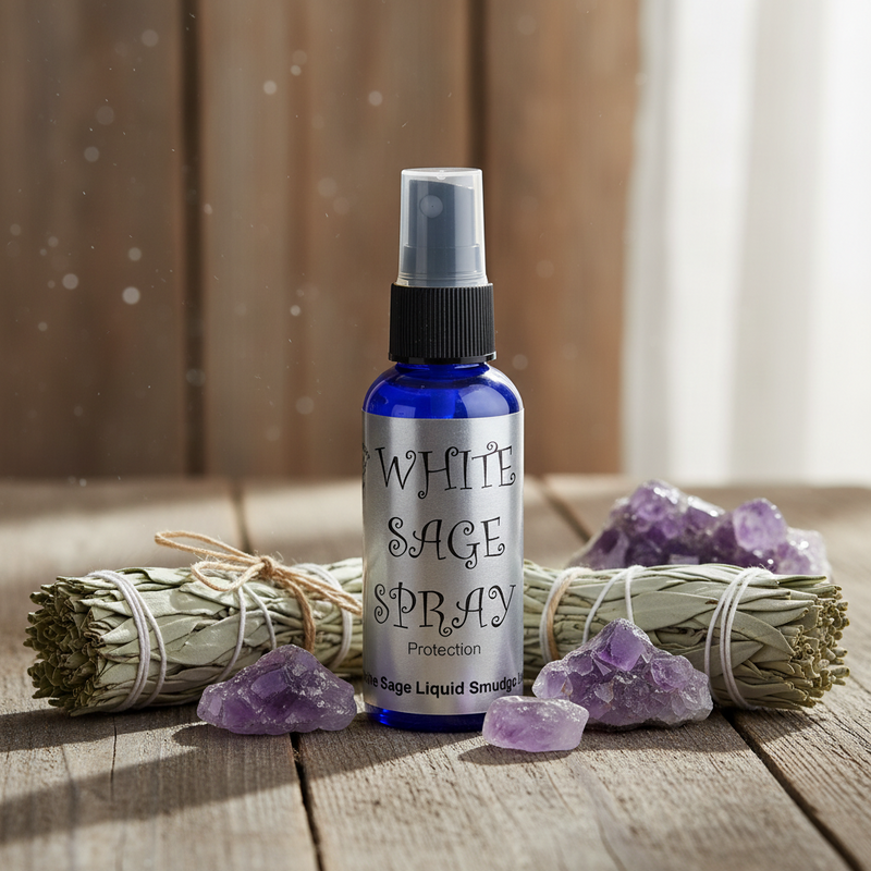 A cobalt blue spray bottle labeled 'White Sage Spray Protection' stands on a rustic wooden surface, surrounded by white sage bundles, loose amethyst crystals, and a blurred wooden backdrop.