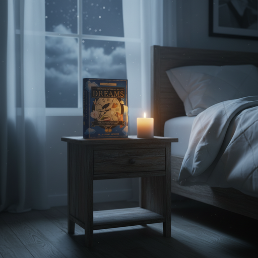 Bedroom scene with a book titled 'Dreams' on a nightstand next to a lit candle, with a window showing a night sky.