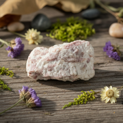 Pink Tourmaline in matrix on a wooden surface with flowers and stones in the background