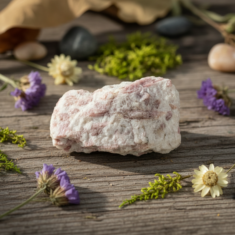 Pink Tourmaline in matrix on a wooden surface with flowers and stones in the background