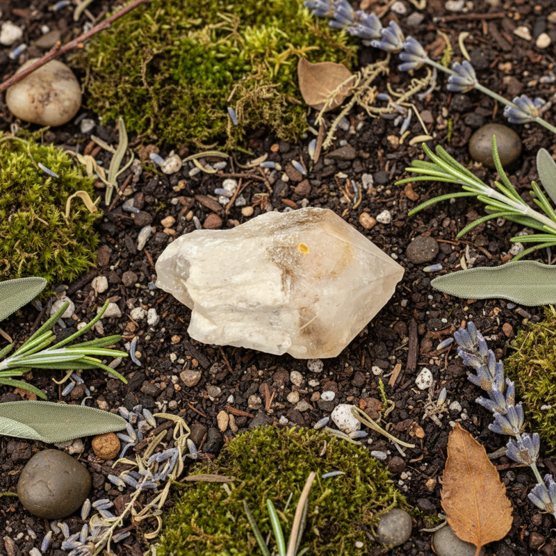 Crystal on soil with moss, leaves, and small plants