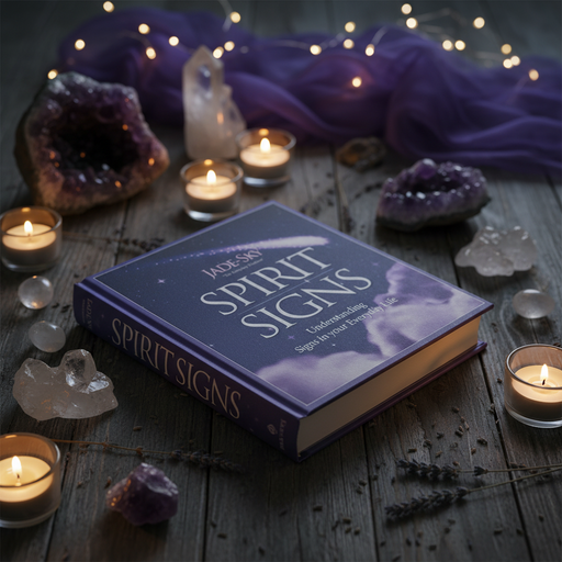 A book titled 'Jocelyn's Spirit Signs' lies on a rustic wooden surface surrounded by lit candles, purple crystals, and draped purple fabric with warm fairy lights in the background.