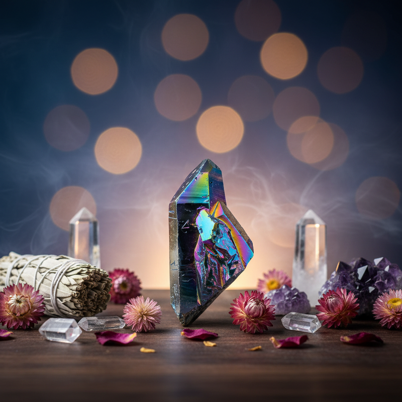 Crystal with iridescent sheen surrounded by flowers and crystals on a wooden surface with a blurred bokeh background.