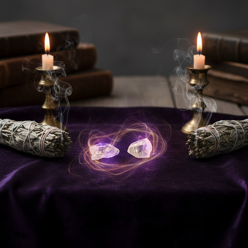Incense sticks, candles, and glowing crystals on a purple cloth with a dark background