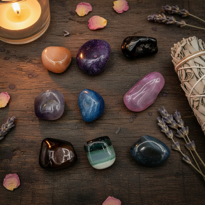 Multicolored dyed agate on a table with a candle, herbs