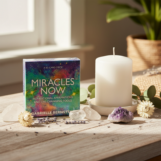 Box of 'Miracles Now' card deck with a candle and crystals on a wooden surface.