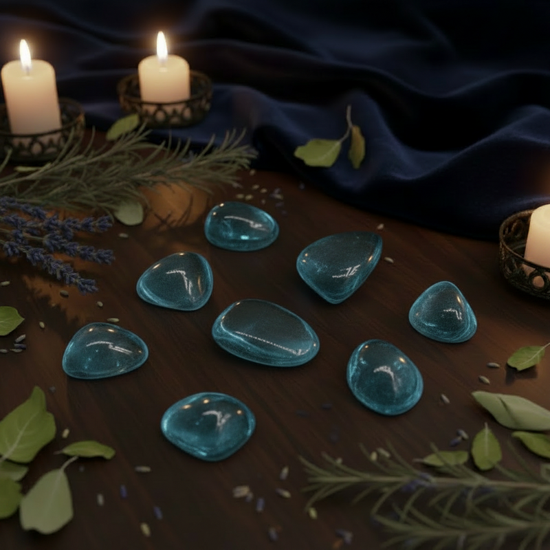 Blue Green Obsidian tumbled stones on a table with candles and herbs