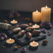 A styled arrangement of polished shiva linghams on a dark slate board, surrounded by lit tealight candles, a white sage smudge bundle, dried botanicals, and purple crystal clusters on a dark surface.