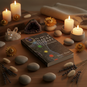 A workbook titled 'The ABC's of Chakra Therapy' by Debra Diemer is displayed on a wooden table surrounded by lit candles, crystals, stones, dried flowers, and a rolled textile in a warm, cozy setting.