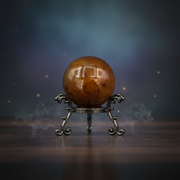 Brown crystal ball on a decorative stand with a dark background