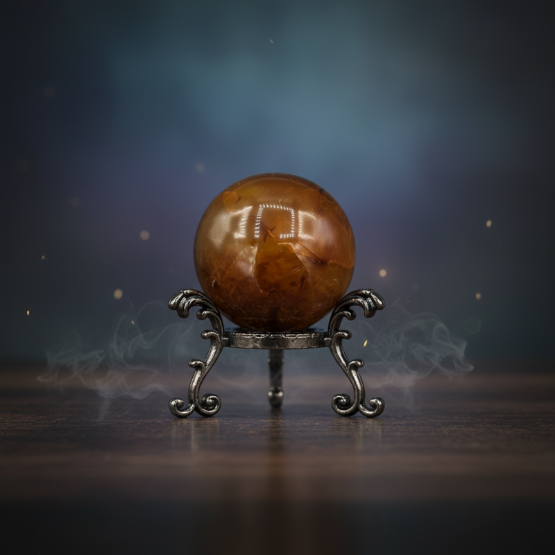 Brown crystal ball on a decorative stand with a dark background