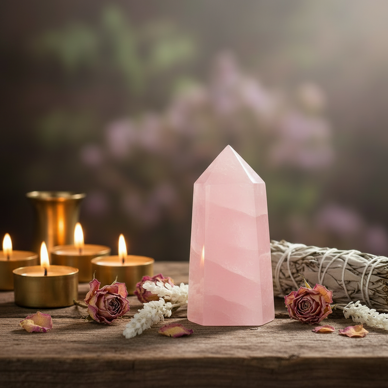 Pink crystal tower with candles and flowers on a wooden surface