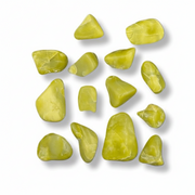 A set of polished, tumbled olive green gemstones arranged on a clean white background with soft drop shadows.