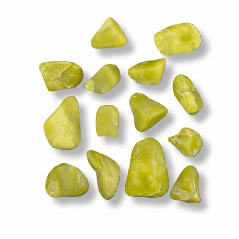 A set of polished, tumbled olive green gemstones arranged on a clean white background with soft drop shadows.