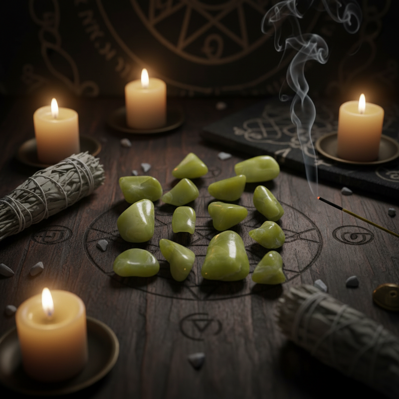 A set of polished light green tumbled stones arranged on a dark wooden altar with glowing candles, smudging bundles, and a black card on a mystical tabletop.