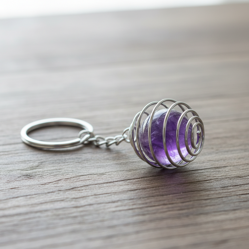Silver Spiral Cage Keychain with purple gemstone on a wooden surface
