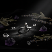 Silver snake-shaped ring on a black background surrounded by herbs and crystals.