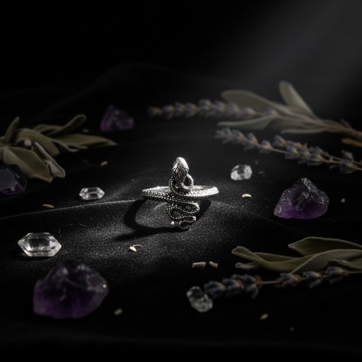Silver snake-shaped ring on a black background surrounded by herbs and crystals.