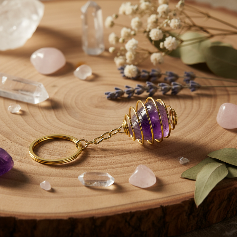 Gold Spiral Cage Keychain with purple gemstone on a wooden surface with crystals and flowers