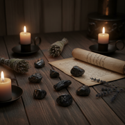 Witchcraft setup with candles, stones, herbs, and a scroll on a wooden surface.