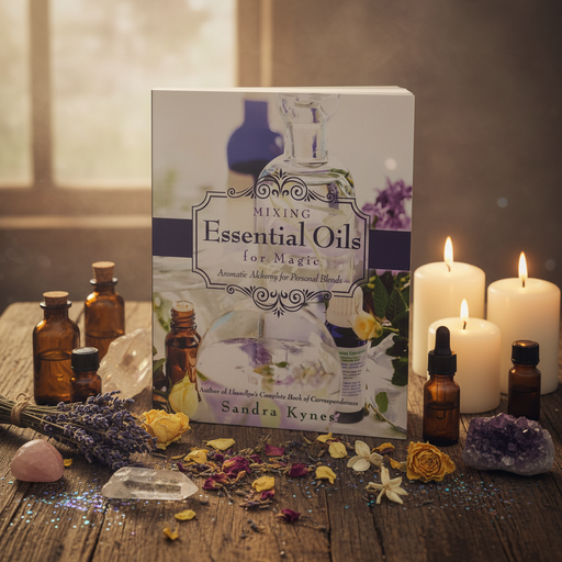 Book titled 'Mixing Essential Oils for Magic' by Sandra Kynes with candles, bottles, and crystals on a wooden surface.