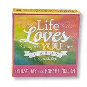 Packaged card deck titled 'Life Loves You' with colorful design and text.