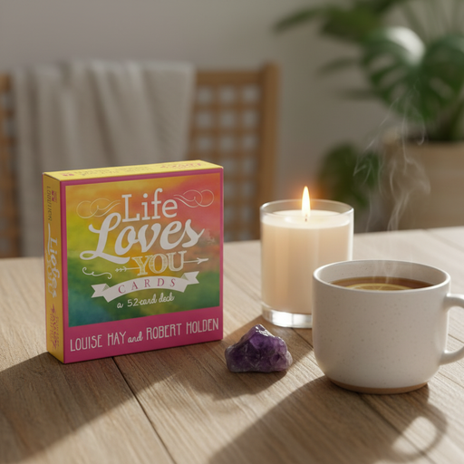 Card game box titled 'Life Loves You' on a table with a lit candle and coffee cup.