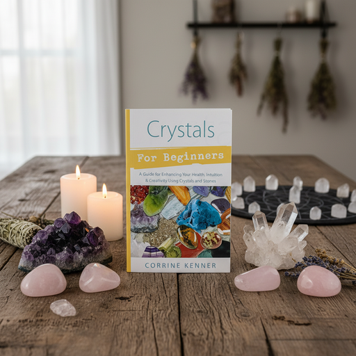 Book titled 'Crystals for Beginners' on a wooden surface with crystals and candles.