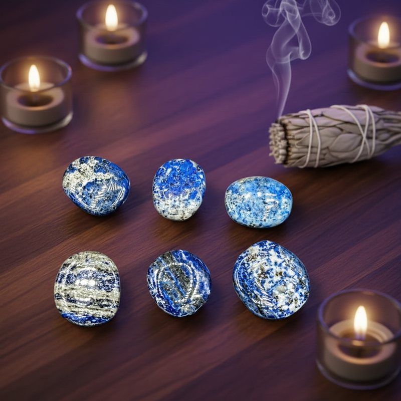 Blue and silver marbled stones on a wooden surface with candles and sage.