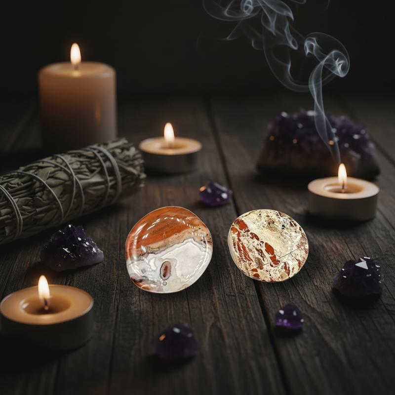 Incense, candles, and stones on a dark wooden surface