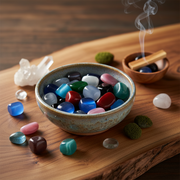 Bowl of colorful stones with smoking incense on a wooden surface