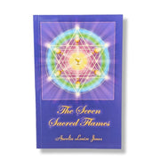 Book titled 'The Seven Sacred Flames' by Aurelia Louise Jones with a colorful geometric design on a purple background.