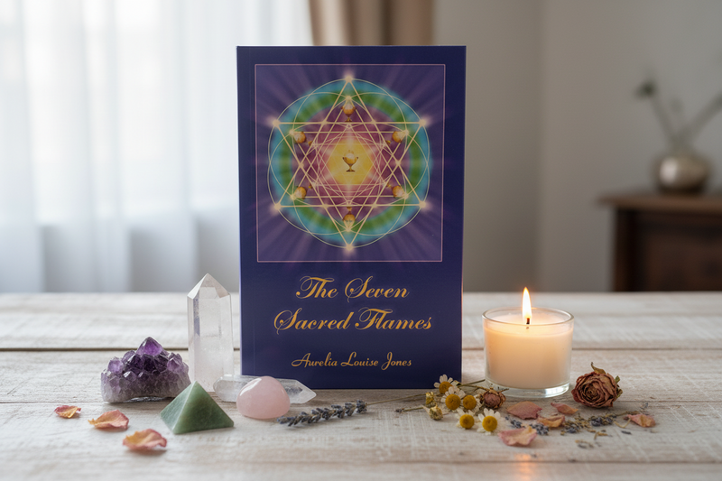 A square book titled "The Seven Sacred Flames" by Aurelia Louise Jones stands upright on a tabletop, surrounded by crystals, a lit candle, dried flowers, and lavender. The cover features a colorful geometric sacred flame design on a deep purple background.