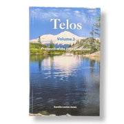 Book titled 'Telos Volume 3' with a mountain and lake cover design on a white background