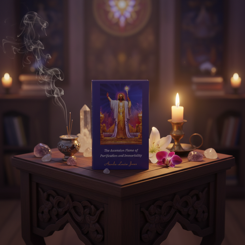 Magical setup with a book, candles, and crystals on a table in a dimly lit room.