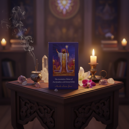 Magical setup with a book, candles, and crystals on a table in a dimly lit room.