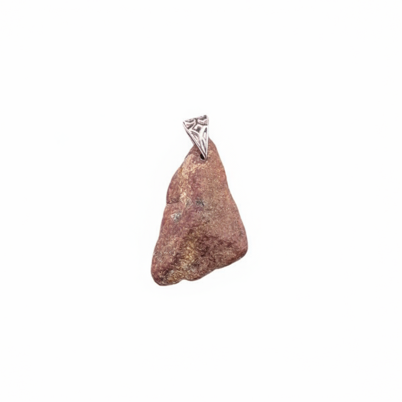 Brown stone pendant with a silver triangle on a white background