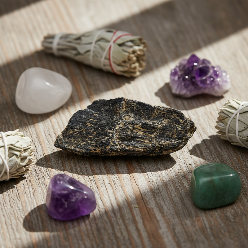 Collection of crystals and smudge sticks on a wooden surface