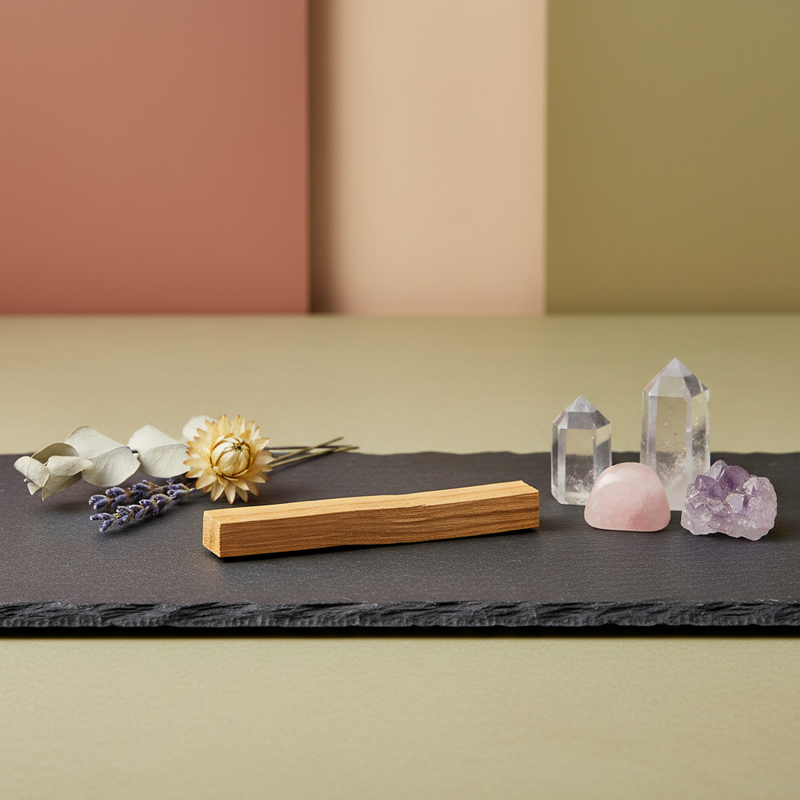 A styled tabletop scene with a rectangular wooden block centered on a dark slate board, surrounded by dried flowers, a pink stone, a clear crystal point, and a purple crystal cluster against a muted beige and multicolor background.