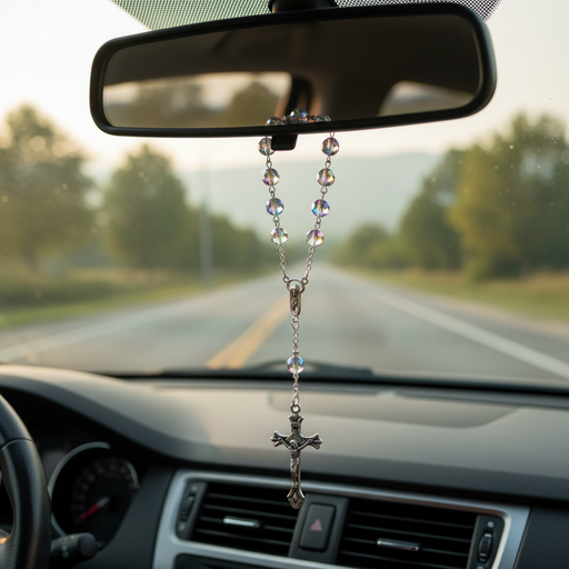 Car dashboard with a rosary hanging from the rearview mirror, road visible through windshield.