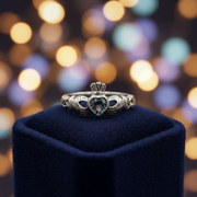 Silver ring with a heart-shaped gemstone on a blue cushion against a blurred bokeh background